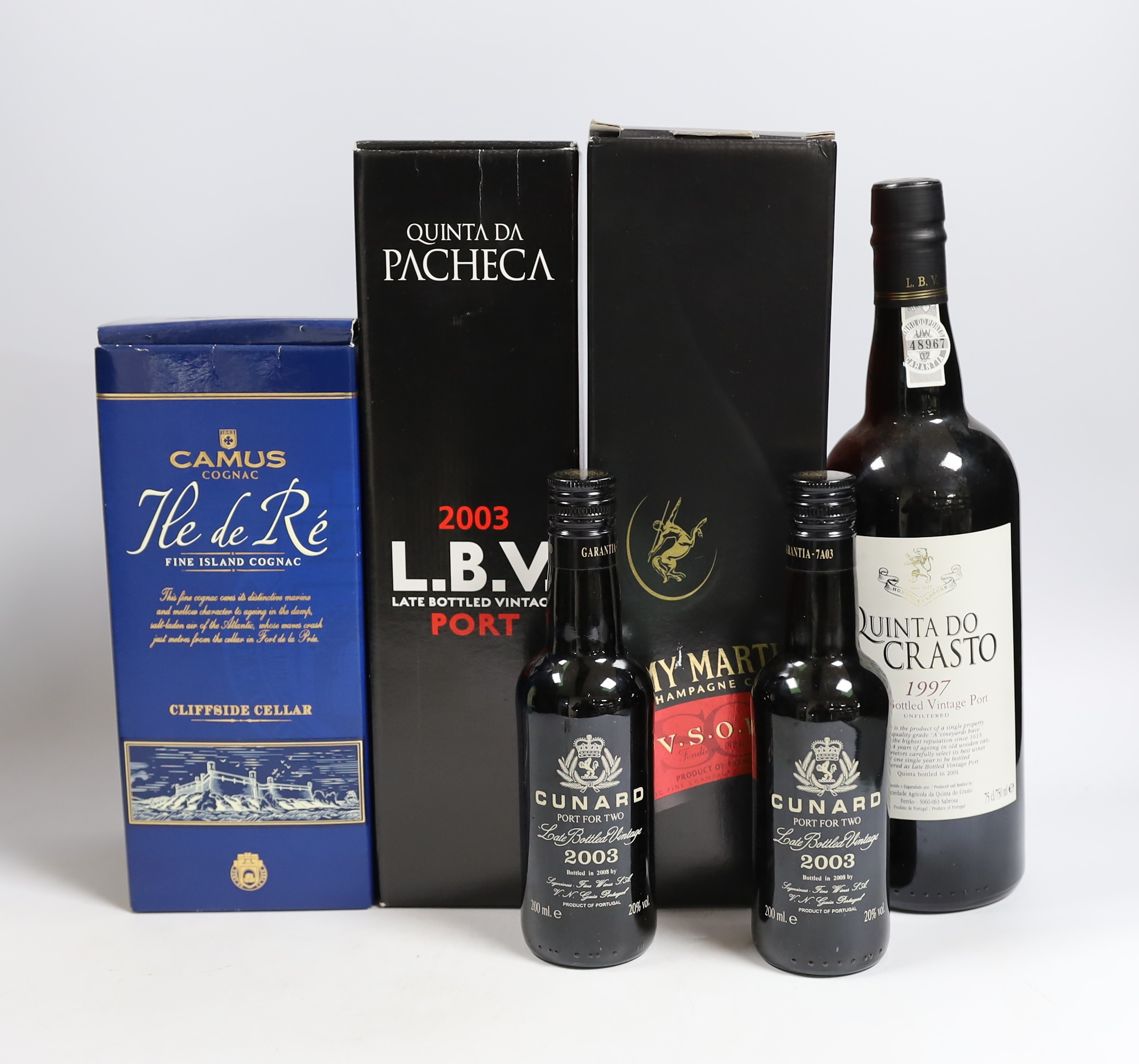 Two half bottles of Cunard LBV Port, both 2003, a Quinta Do Cranston 1997 LBV Port, a bottle of Camus Cognac and a pair of matching glasses both with glass warmers, one boxed bottle of Port 2003 and one boxed bottle of R